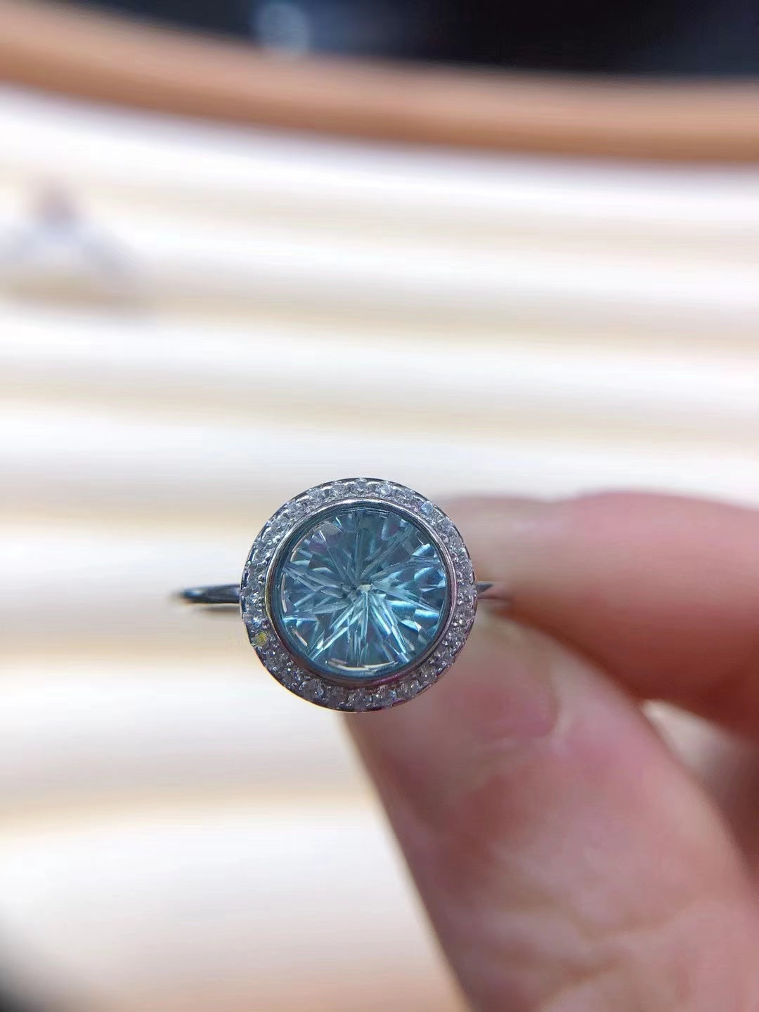S925 Natural Blue Topaz Smokey Cut Ladies