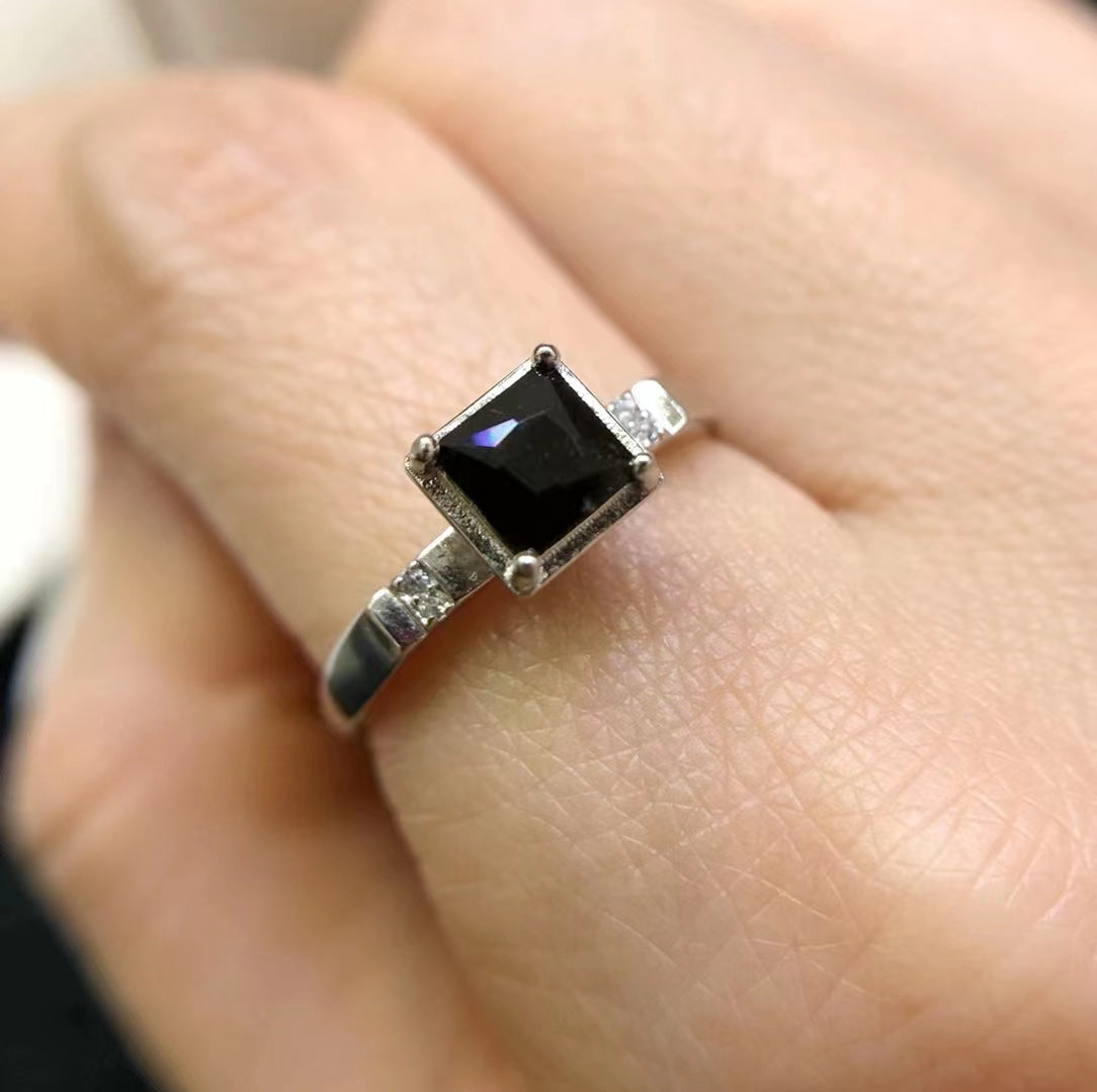S925 Silver Fine Setting Natural Black Tourmaline Ladies Silver Ring