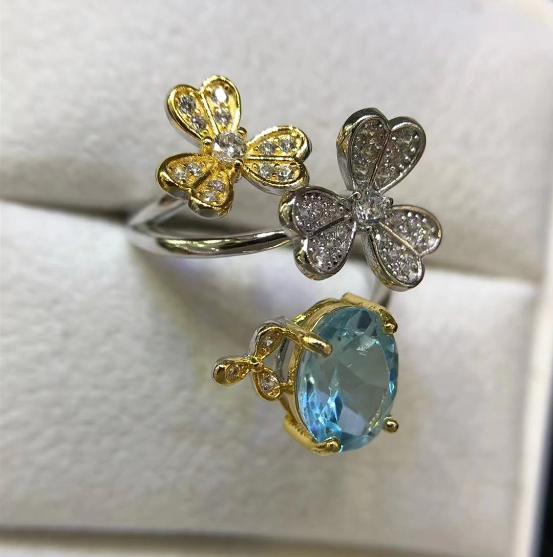 S925 Natural Blue Topaz Ladies Flourishing Silver Ring