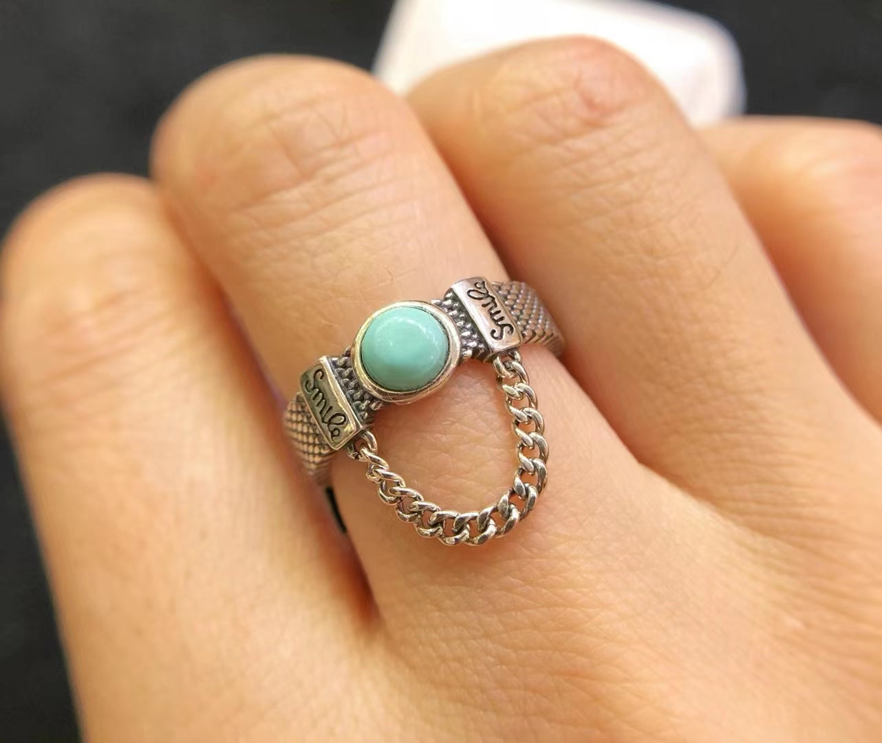 S925 Natural Hubei Original Mine Vintage Turquoise Ladies Ring