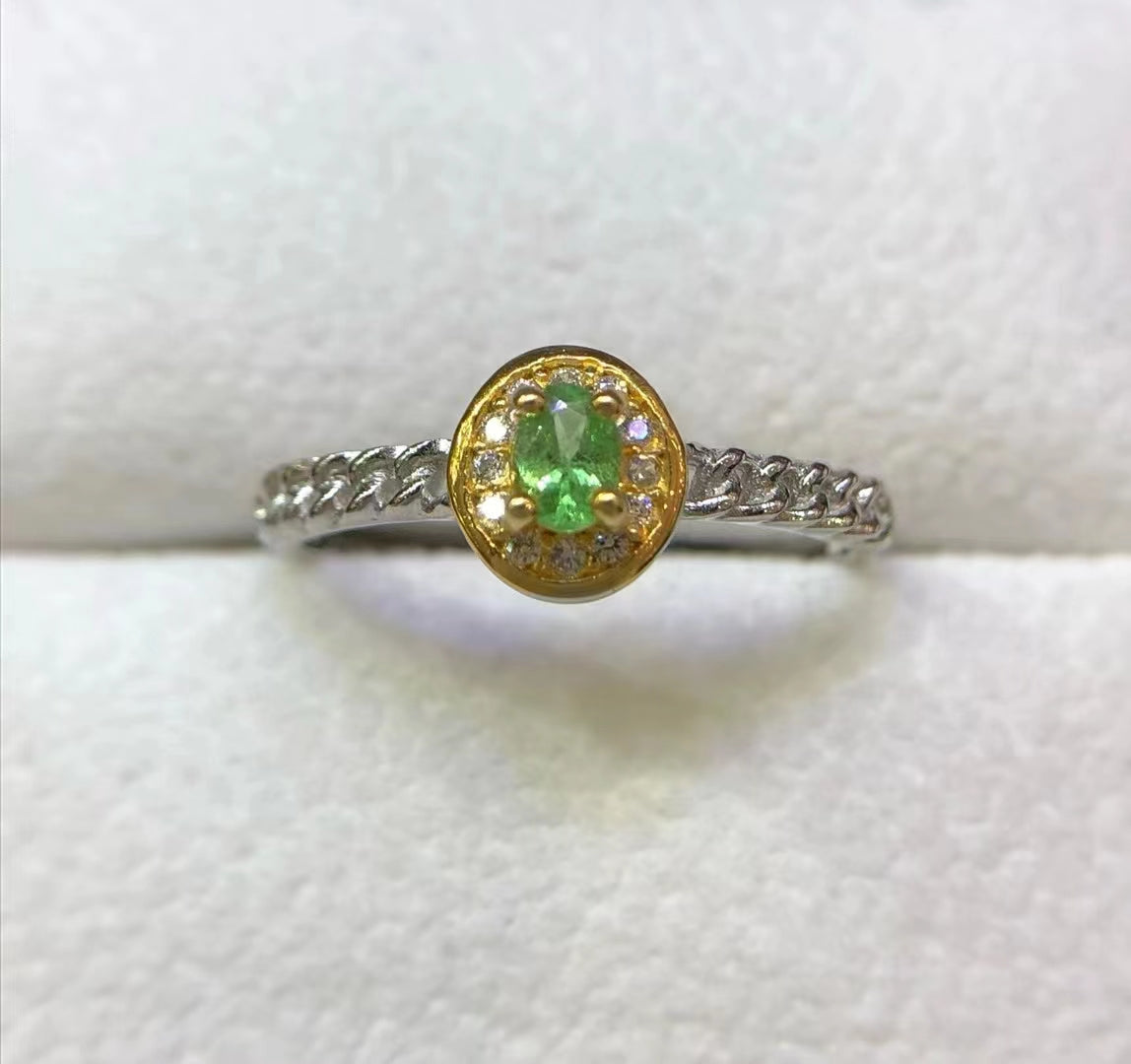 S925 Natural Tsavorite Sterling Silver Gold Plated Women's Ring