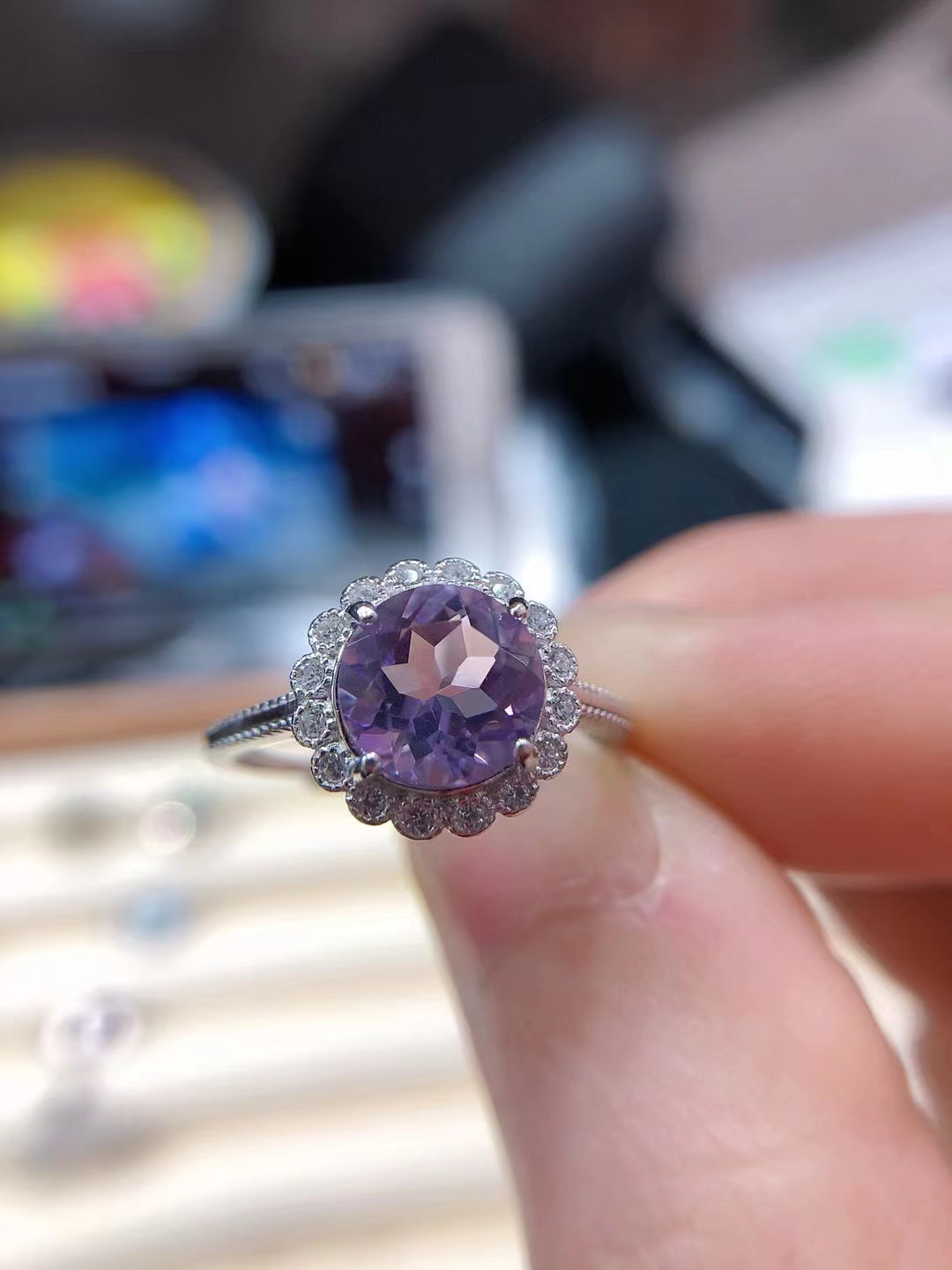 S925 Natural Brazilian Amethyst Sunflower Ladies Ring