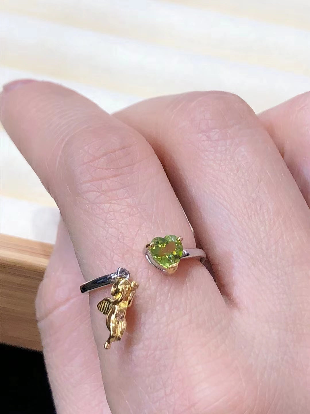 S925 Natural Peridot Ring top opening design