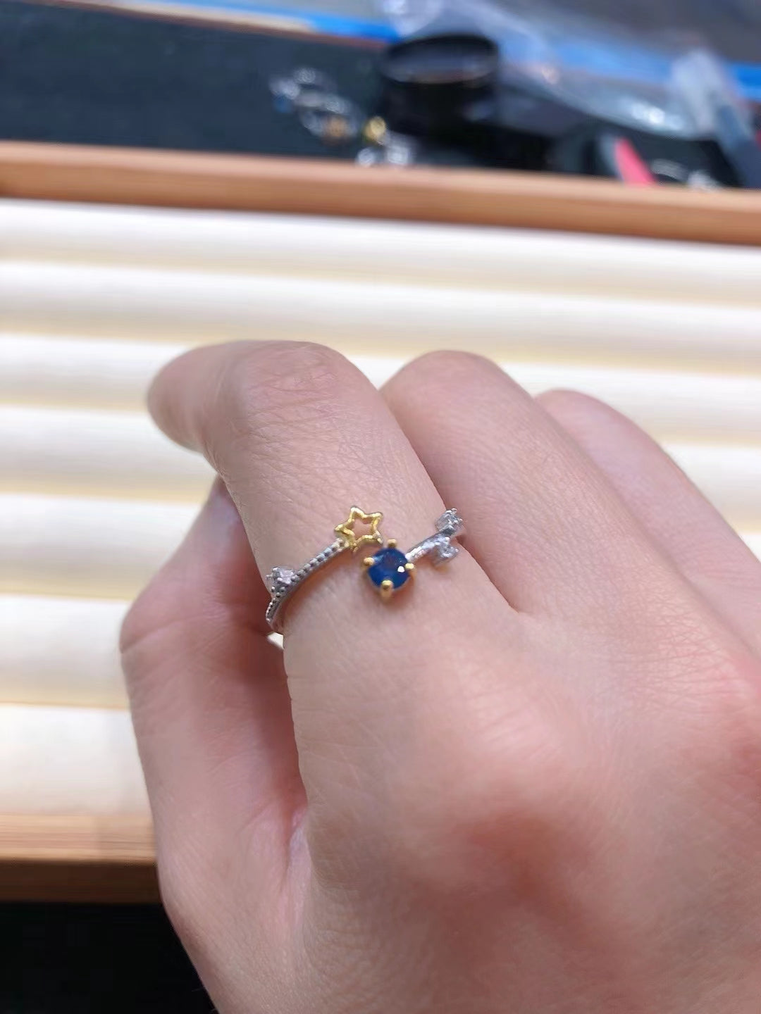 S925 natural sapphire ring top opening design