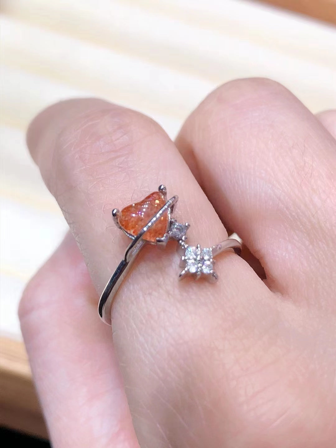 s925 natural gold sunstone ring top opening design