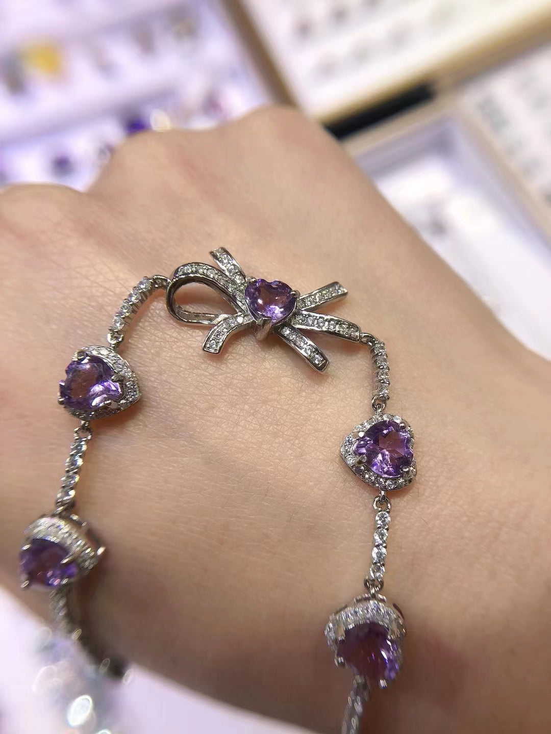 S925 Natural Amethyst Heart Bracelet