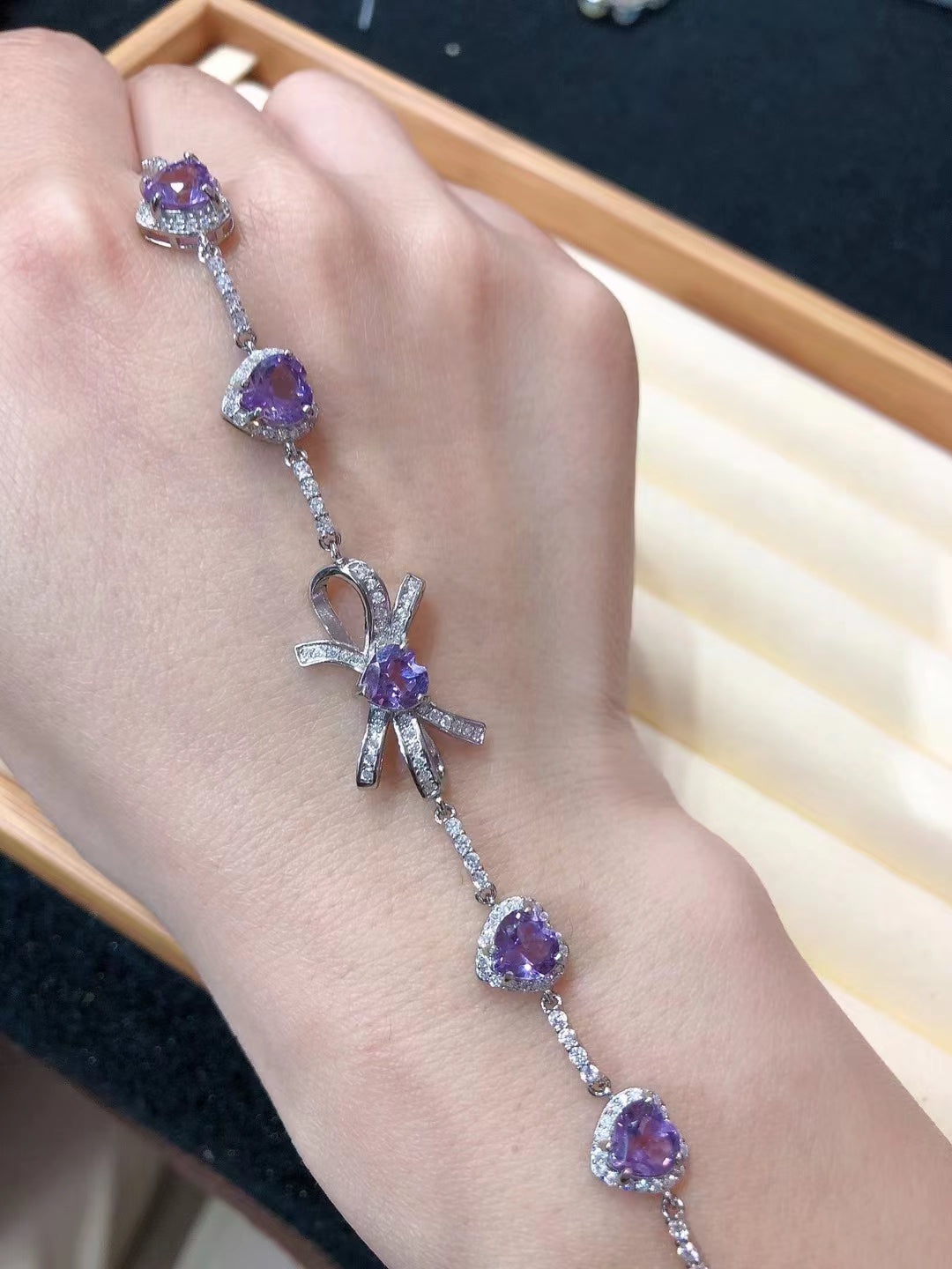 S925 Natural Amethyst Heart Bracelet