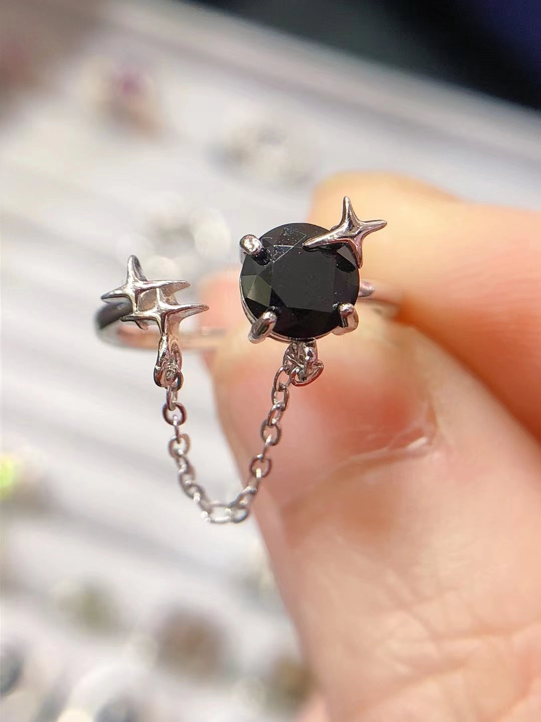 S925 Silver Fine Set Natural Black Spinel Chain Ring