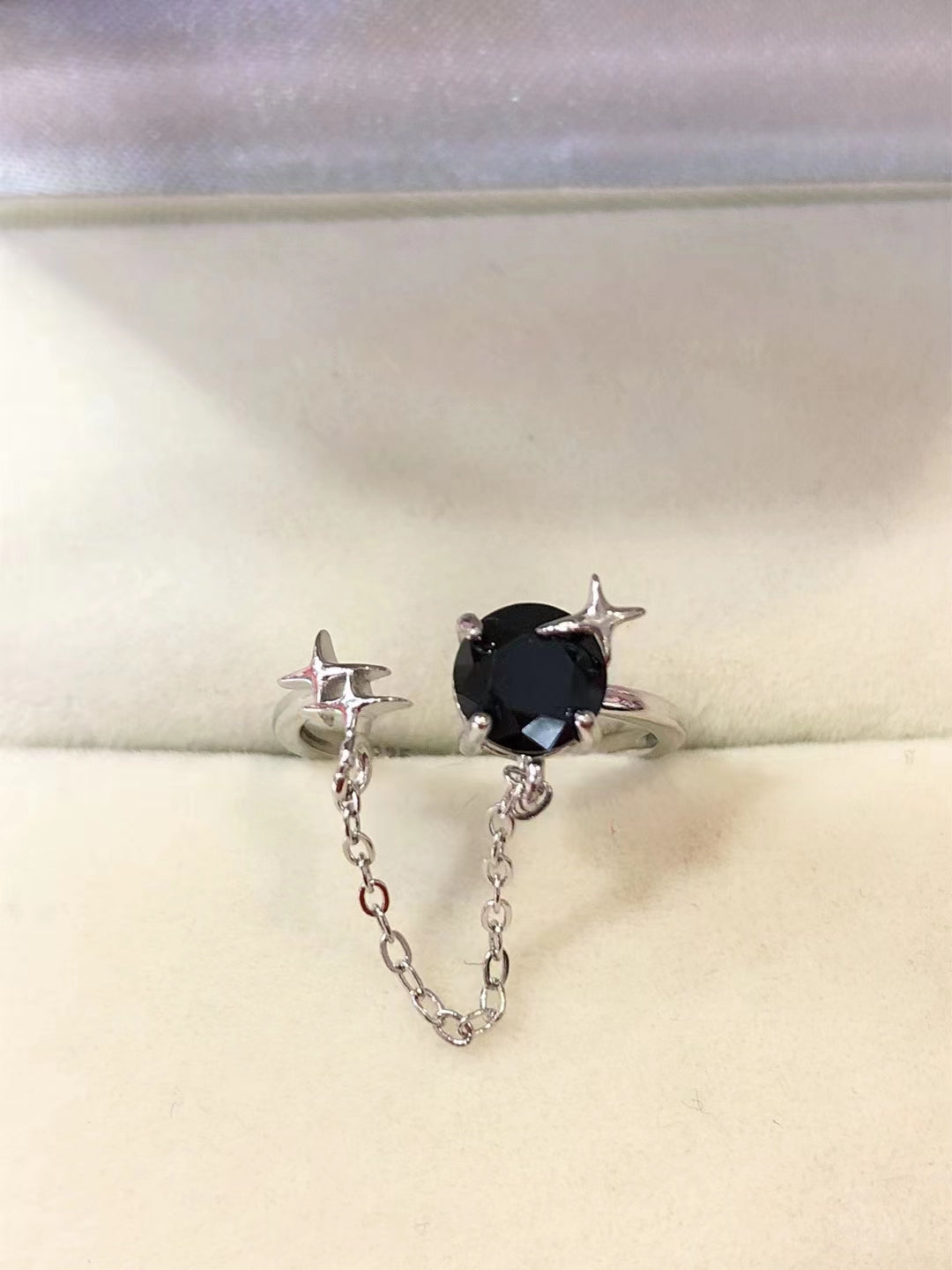 S925 Silver Fine Set Natural Black Spinel Chain Ring