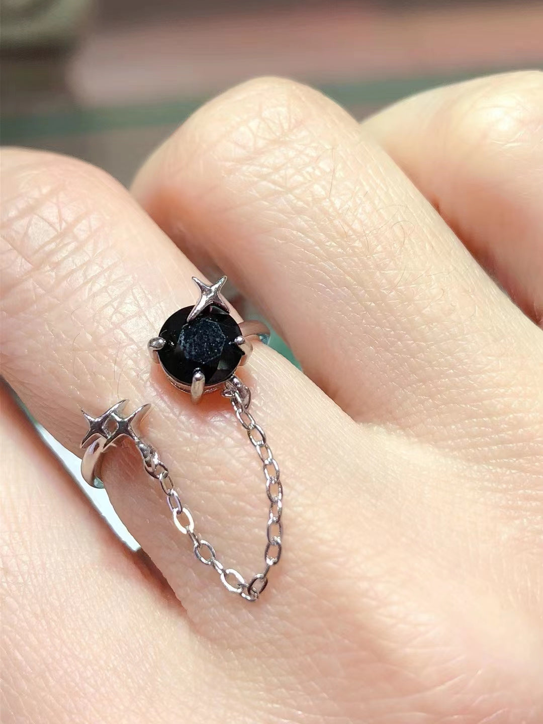 S925 Silver Fine Set Natural Black Spinel Chain Ring