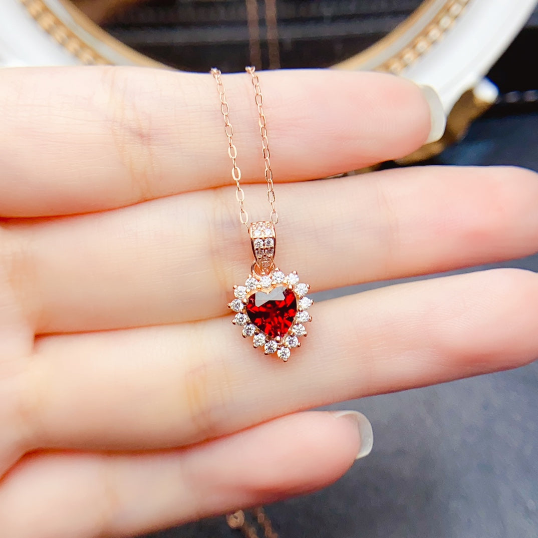 Natural Garnet Heart Pendant, 925 Silver Setting, Elegant & Vivid Color, Center Stone 6×6mm