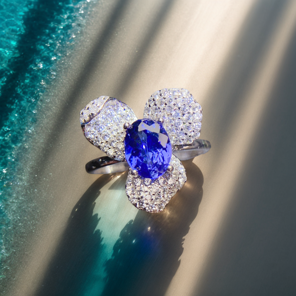 Natural Tanzanite Ring, Floral Design, High Clarity & Vivid Color, Exquisite 925 Silver Setting, Center Stone 6×8mm – From Desk to Dinner