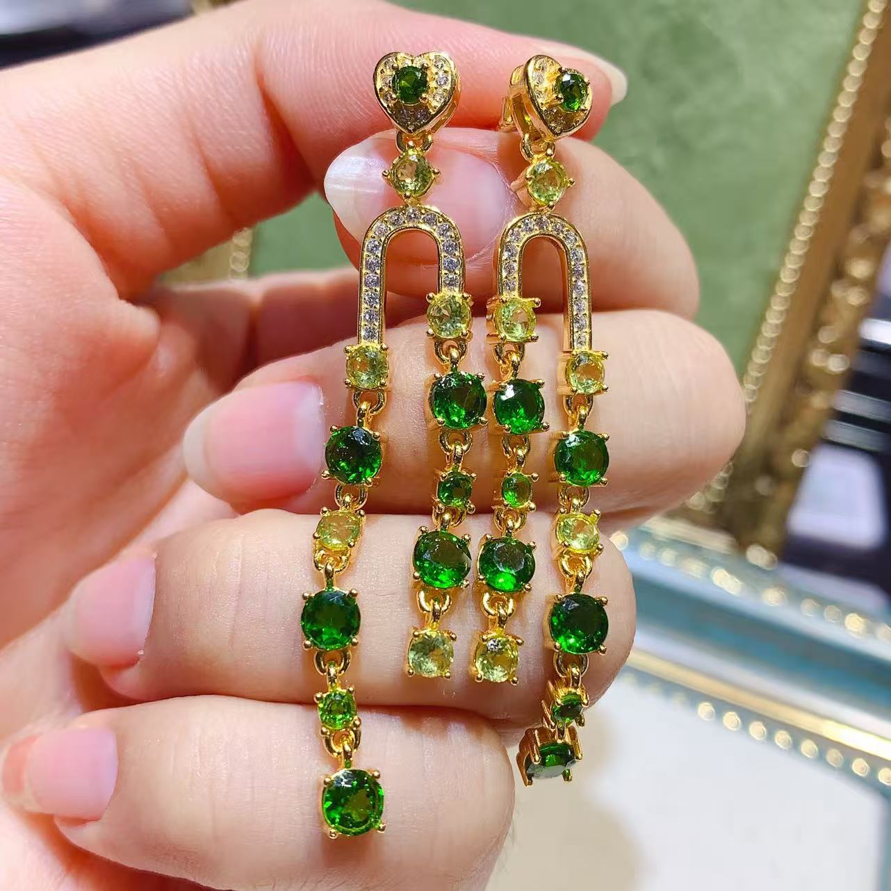 Natural Diopside Stud Earrings Dangling Earrings, Slim Fairy StyleRich Color, 925 Silver Exquisite Setting, Versatile Temperament