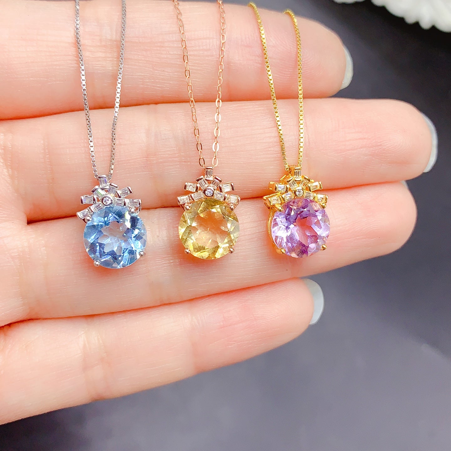 Natural Gemstone Necklace, 10mm Round Sky Blue Topaz Amethyst Citrine, 925 Silver 18k Gold Plated, Sparkling Crystal Jewelry, Simple Elegant Daily Statement Necklace