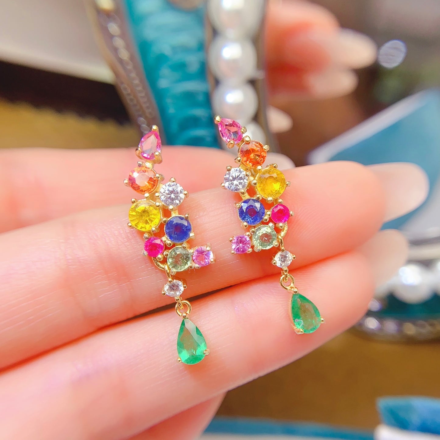Natural Emerald & Multi-Color Sapphire Earrings, 925 Silver Setting, Symbol of Luck & Happiness