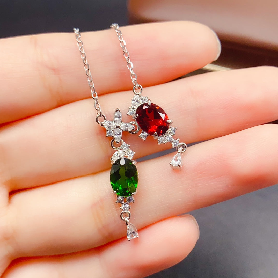 Natural Diopside & Garnet Necklace Set 925 Sterling Silver Pendant, 6x8mm Green Red Gemstone Energy Crystal Jewelry For Women, Birthstone Layering Choker, Positive Luck Stone Gift