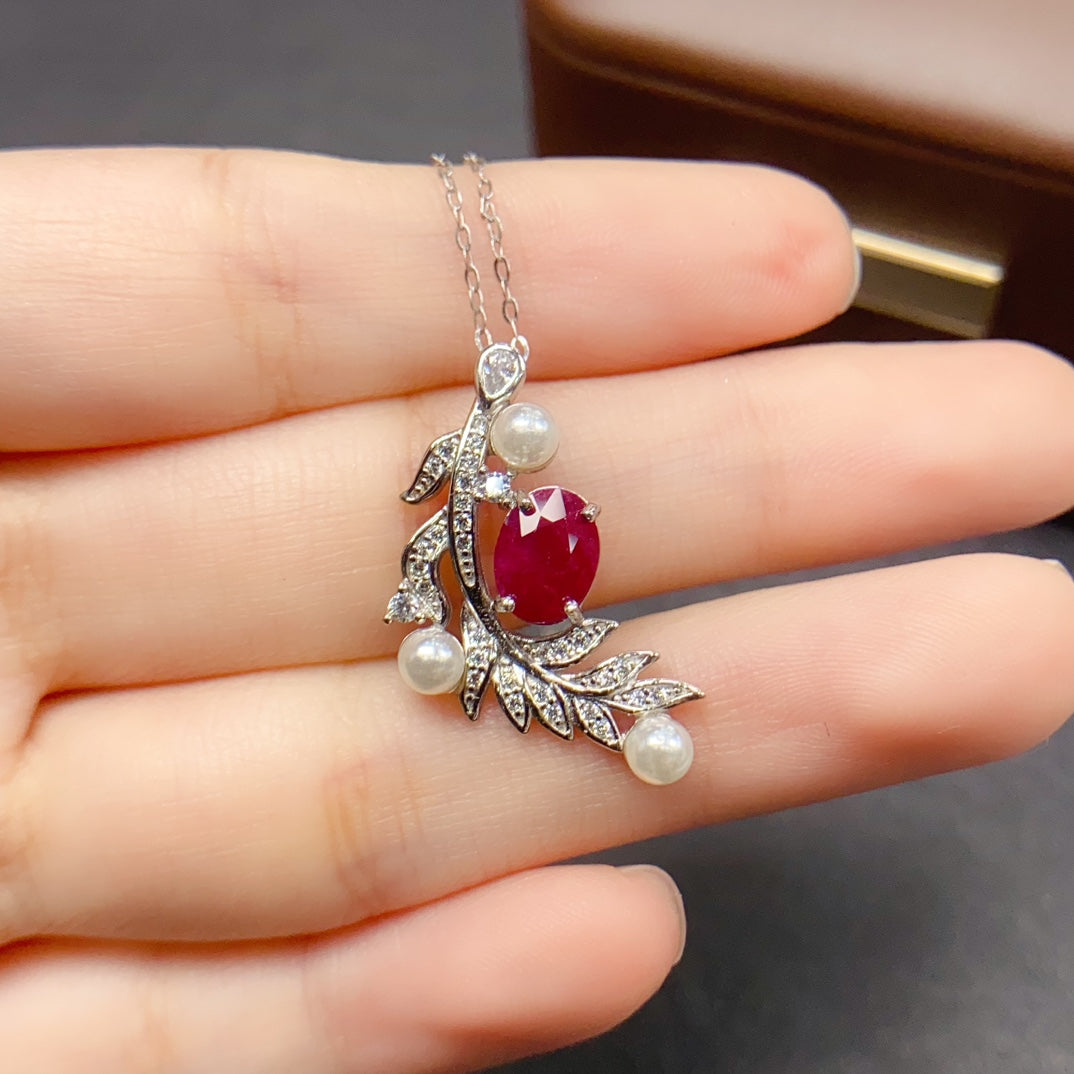 Natural Ruby & Pearl Pendant Necklace 925 Sterling Silver, 6x8mm Red Gemstone July Birthstone Energy Crystal Jewelry For Women, Dainty Choker Valentine's Day Gift