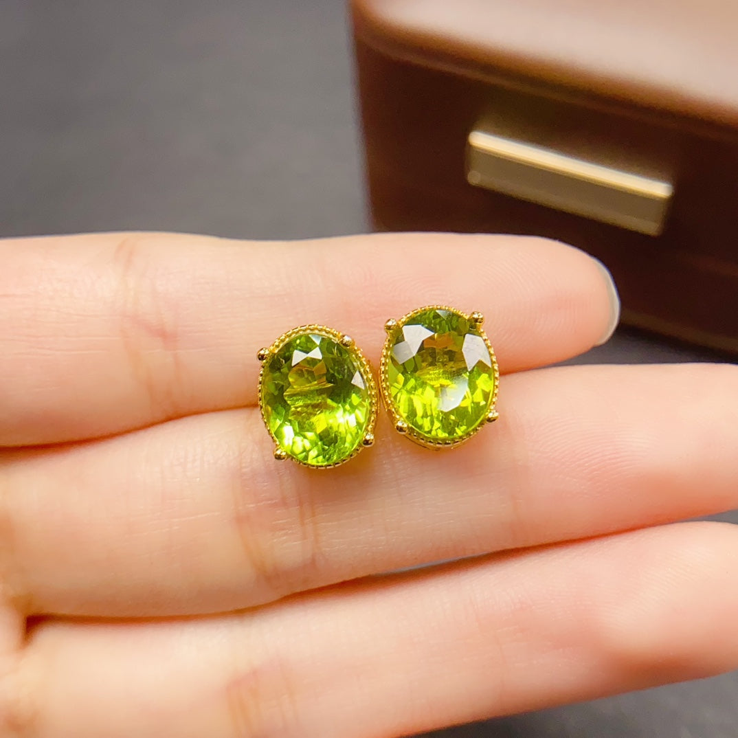 Natural Peridot Earrings 925 Sterling Silver Studs, 8x10mm August Birthstone Green Gemstone Crystal Jewelry For Women, Dainty Sparkly Gift For Her