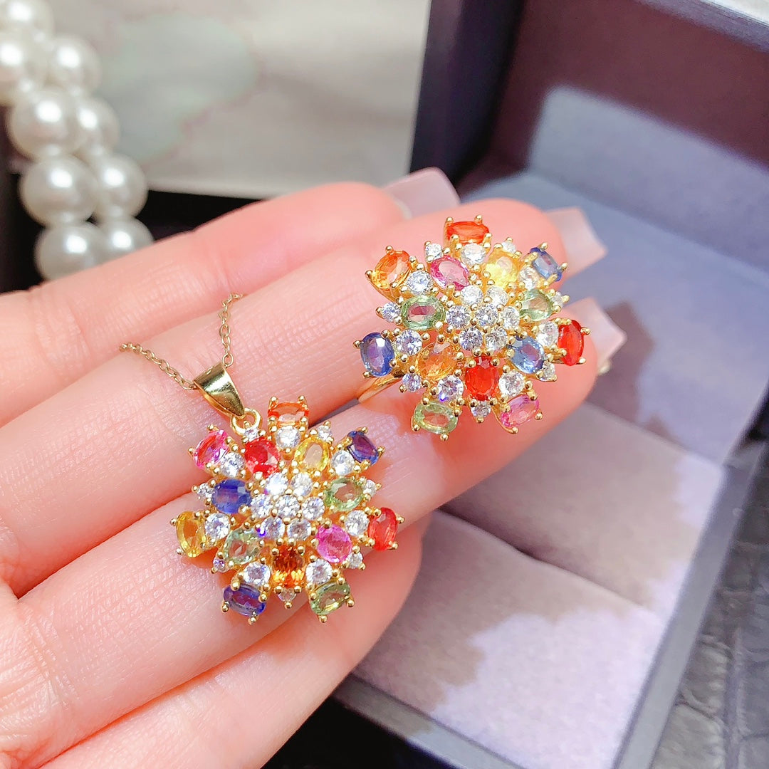 Natural Multi Sapphire Jewelry Set 925 Sterling Silver, 3x4mm Blue Gemstone Ring & Pendant Necklace, September Birthstone Stacking Set Dainty Sparkly Gift For Her