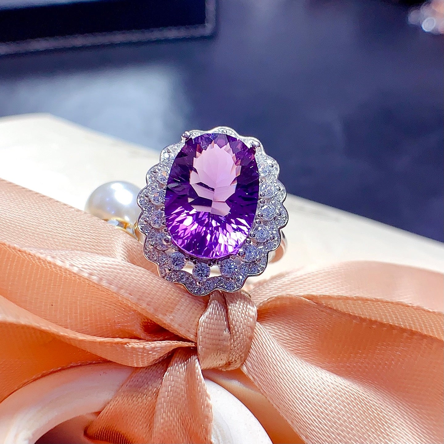 Natural Millennium Cut Amethyst Ring 925 Sterling Silver, 10x14mm February Birthstone Purple Gemstone Crystal Jewelry For Women, Statement Sparkly Gift For Her