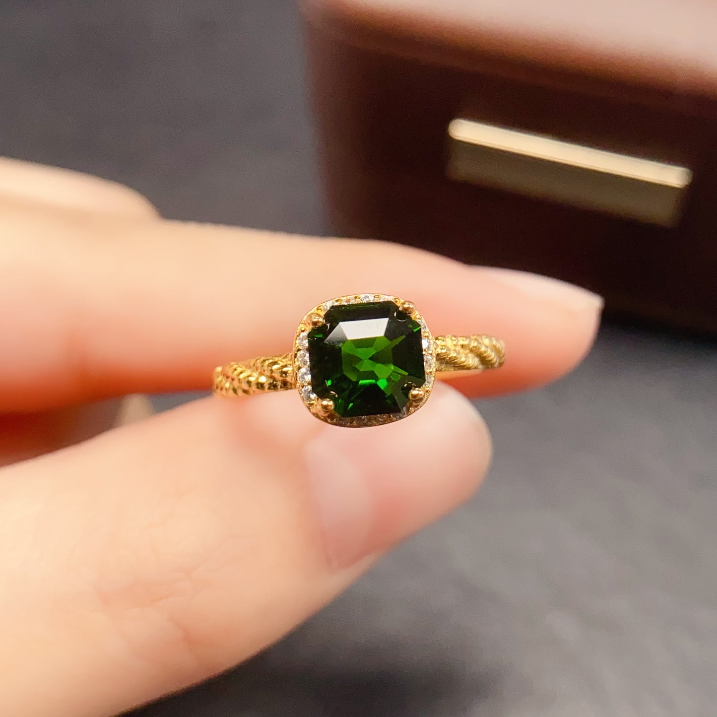 Natural Diopside Adjustable Ring 7*7mm 925 Sterling Silver Simple Fashion Green Birthday Gift