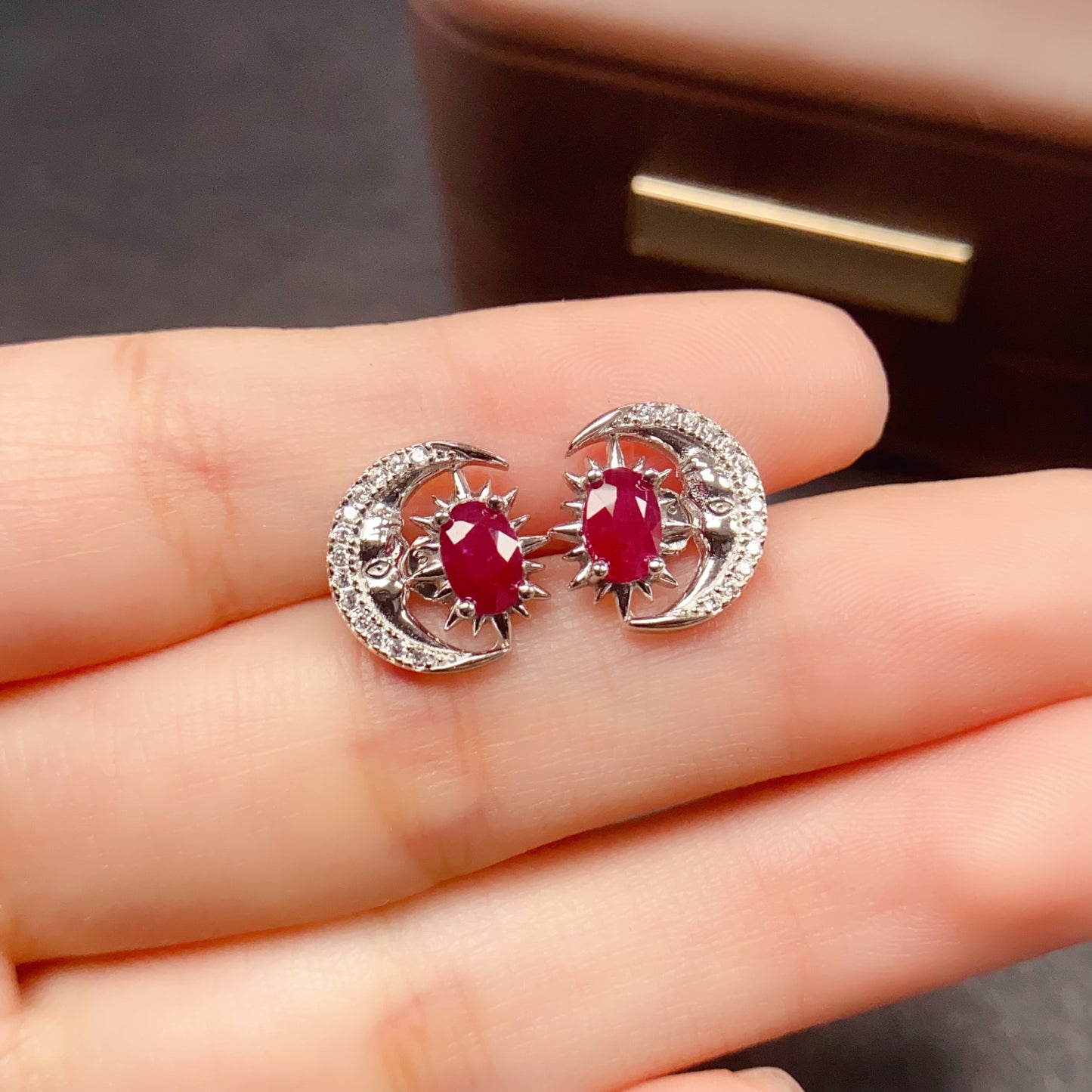 Natural Ruby Earrings Moon Star Design 925 Sterling Silver 4*6mm Dainty Sweet Fashion Jewelry for Women Purple Birthday Gift