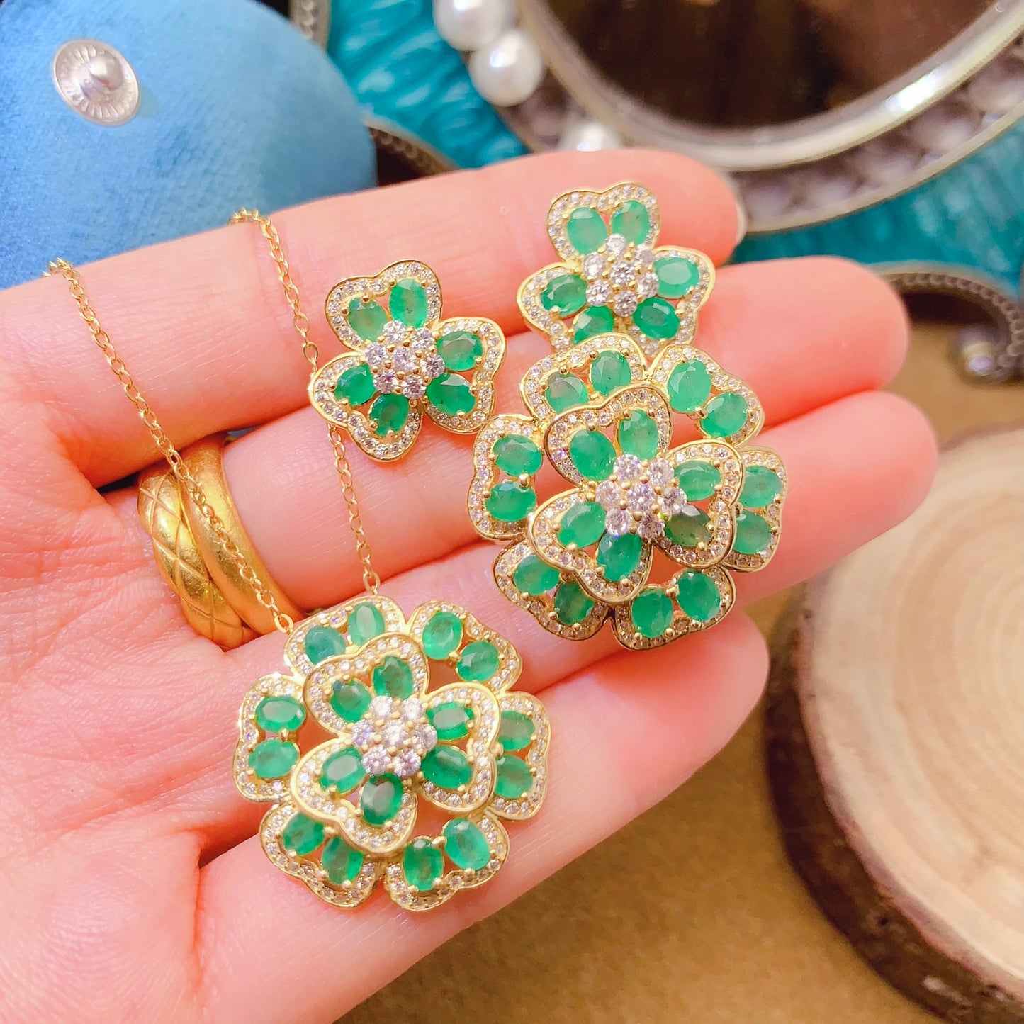 Natural Emerald Set Lucky Flower Design Ring+Earrings+Pendant 3*4mm 925 Silver Stunning Green Birthday Gift
