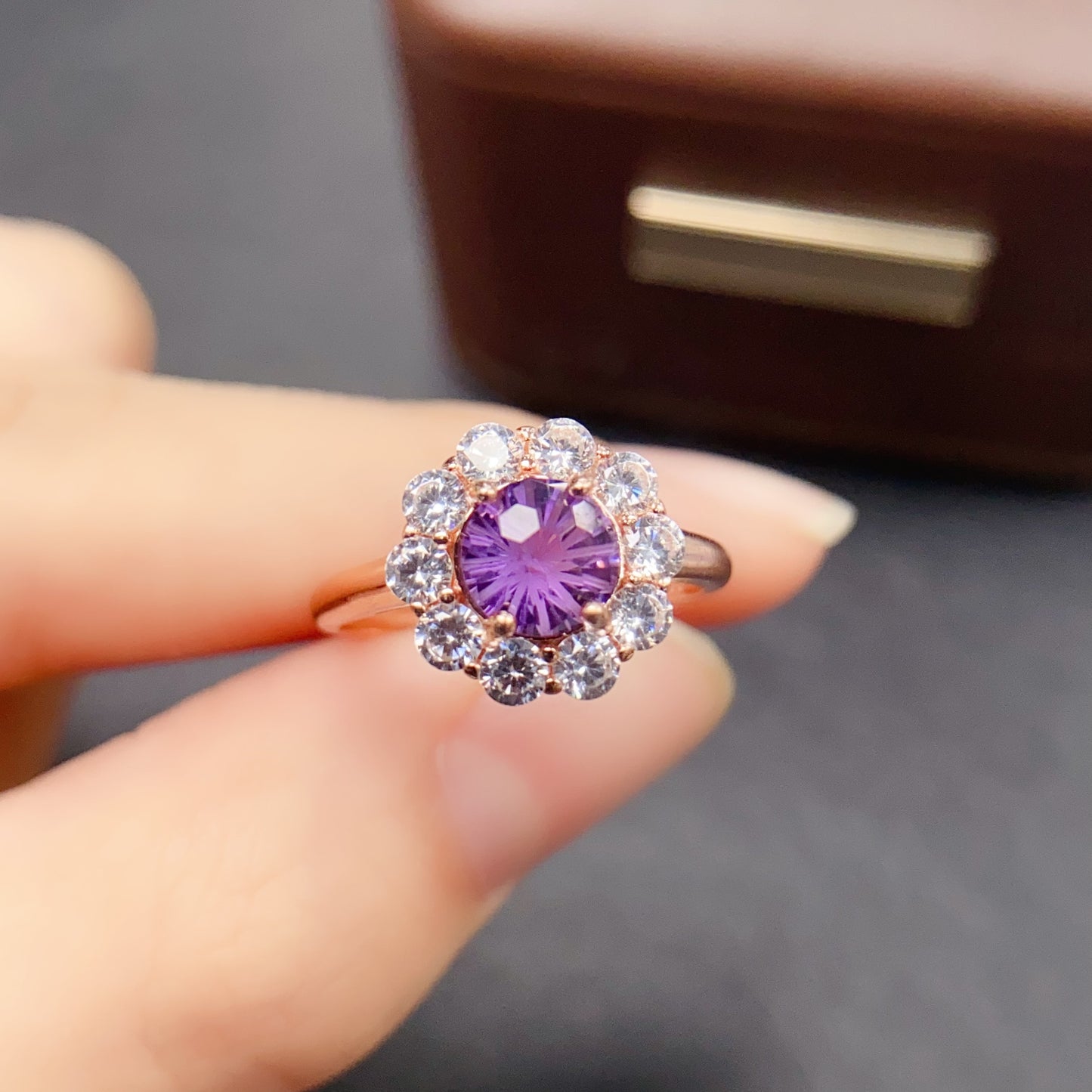 Natural Amethyst Ring Adjustable | Fireworks Faceted Cut 8x8mm Gemstone | 925 Silver Plated Statement Jewelry | Trendy Crystal Gift For Women