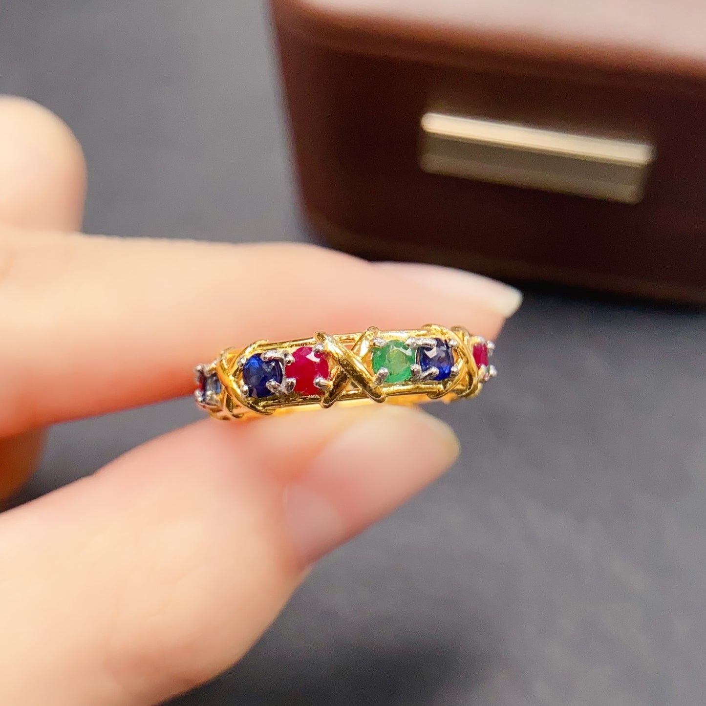 Natural Ruby Sapphire Emerald Ring Adjustable | 3x3mm Tri-color Gemstone Stacking Ring | 925 Silver Micro-Inlay Dainty Jewelry | Minimalist Crystal Gift
