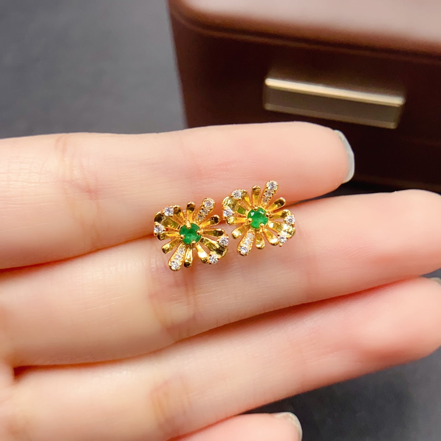 Natural Emerald Earrings Sunflower Design | High Quality Vibrant Color 3x3mm Gemstone | 925 Silver Stud Earrings Dainty Jewelry | Trendy Gift For Women