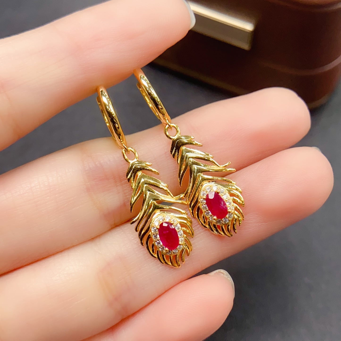 Natural Ruby Earrings Dangle Leaf Design | High Quality Vivid Red 3x5mm Gemstone Gold Plated | 925 Silver Statement Earrings Trendy Jewelry Gift For Women