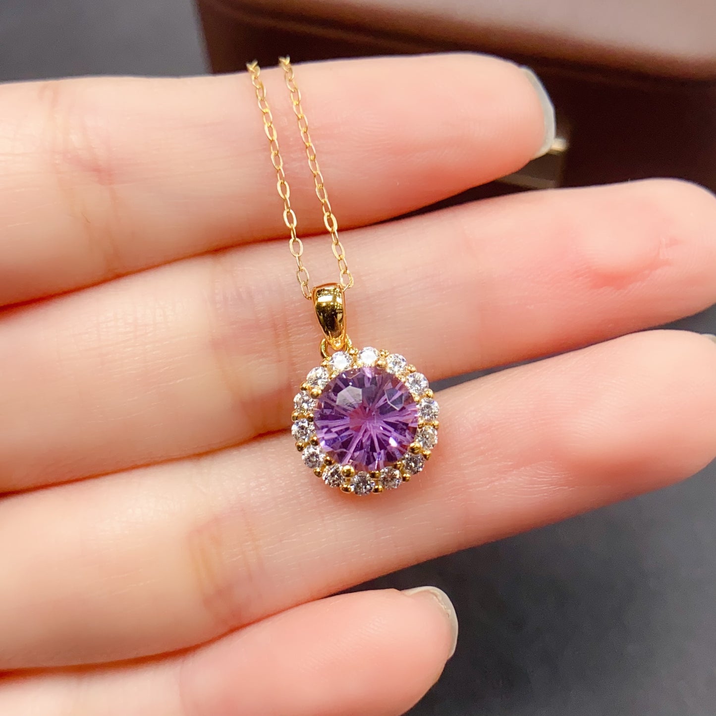 Natural Amethyst Pendant Necklace Fireworks Cut | 8x8mm Gemstone with Cubic Zirconia | 925 Silver Dainty Sparkling Jewelry | Trendy Crystal Gift For Women