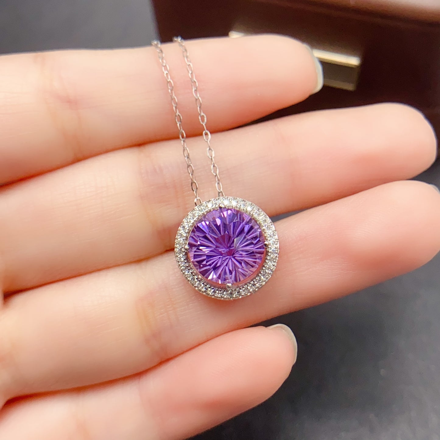 Natural Amethyst Pendant, Firework Faceted Round Cut, Simple 925 Silver Setting, 10x10mm+