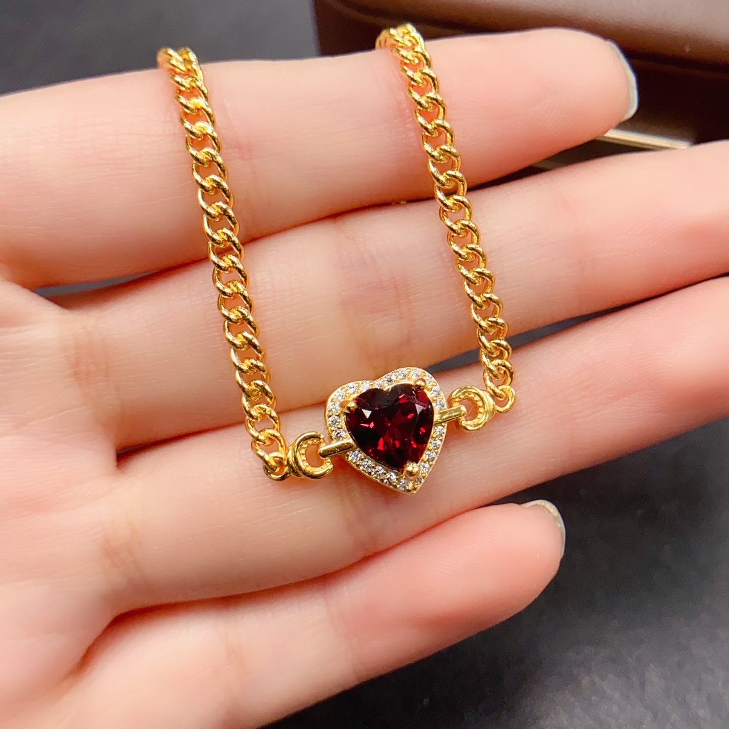 Natural Garnet Bracelet, Heavy Craftsmanship Heart Design, High Quality 925 Silver Setting, 8x8mm+ Gems