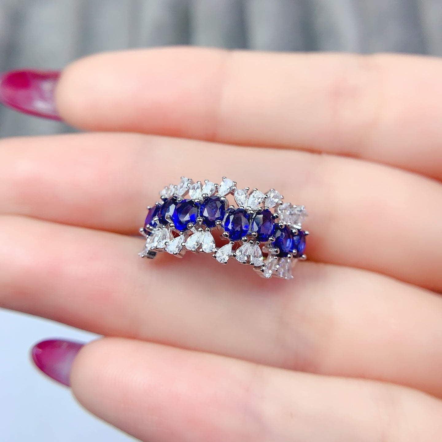 Natural Sapphire Adjustable Ring, Eternity Stacking Band Design, Pure Deep Blue, High Quality 925 Silver Setting, 3x4mm+ Gems