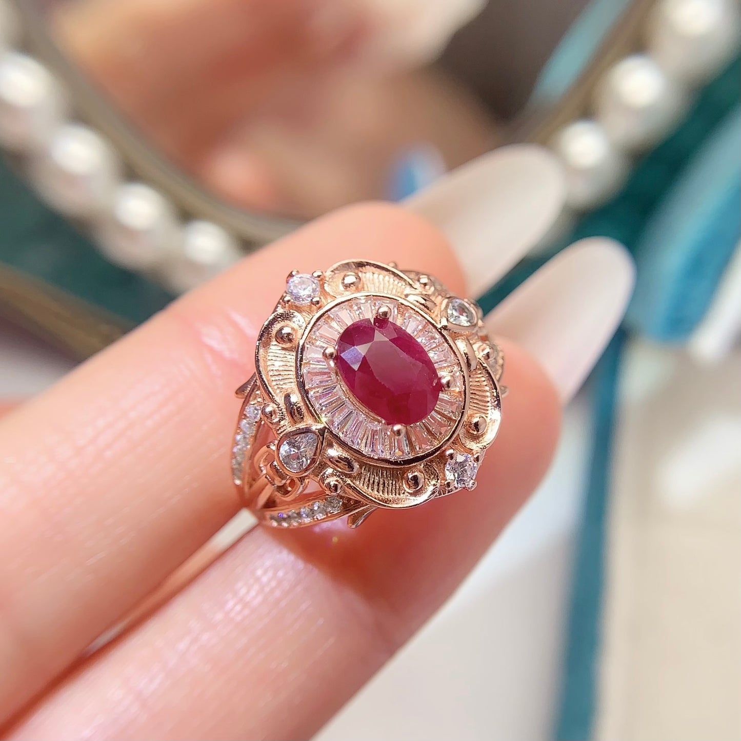 High-Quality Natural Ruby Adjustable Ring, Rose Gold Plated, Vivid Fire Red, Transparent Crystal, 925 Silver Setting, 5x7mm