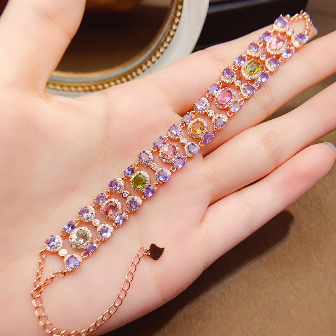 Natural Tanzanite & Tourmaline Bracelet, Heavy Craftsmanship 3-Row Wide Design, 925 Silver Setting, 3x4+4x5mm Gems