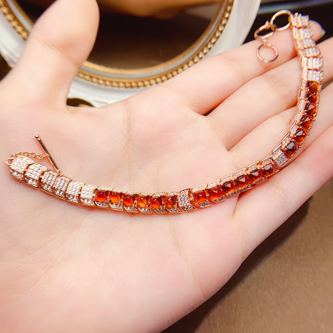Natural Fanta Garnet Bracelet, Sugar Tower Arrangement, Fashionable Design, 925 Silver Setting, 4x4mm Gems