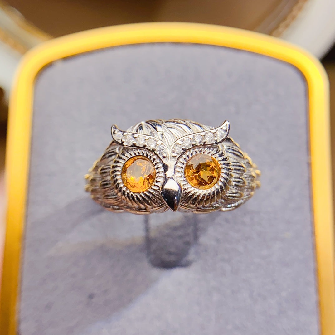 Natural Citrine Adjustable Ring, Owl Design, Simple & Elegant, 925 Silver Setting, 2x2mm Gem