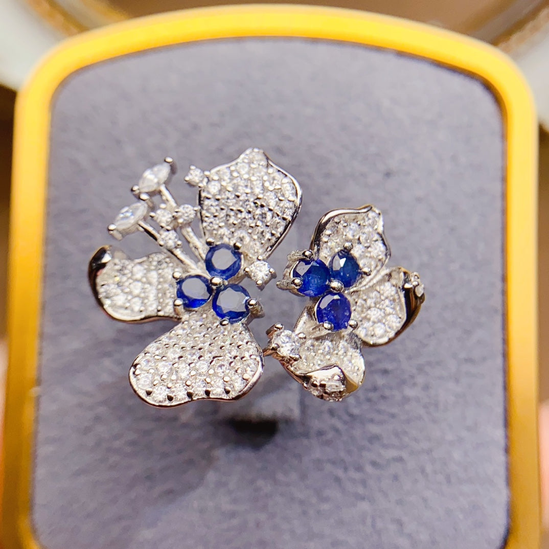 Natural Sapphire Adjustable Ring, Double Flower Surround Design, 925 Silver Setting, Simple & Elegant, 3x3mm Gems
