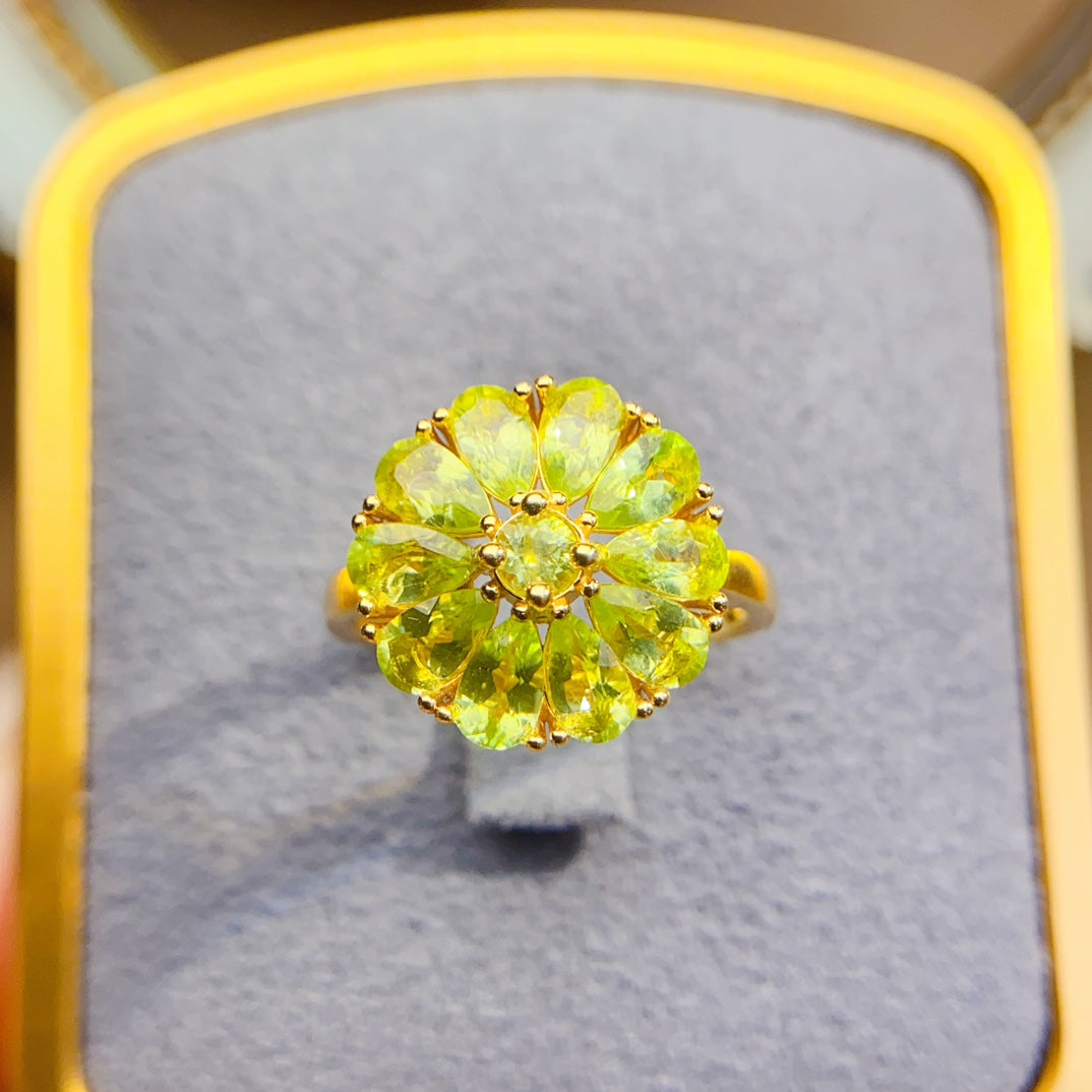 Natural Peridot Adjustable Ring, Sunflower Design, 925 Silver Setting, Beautiful Color, 3x5mm Gem