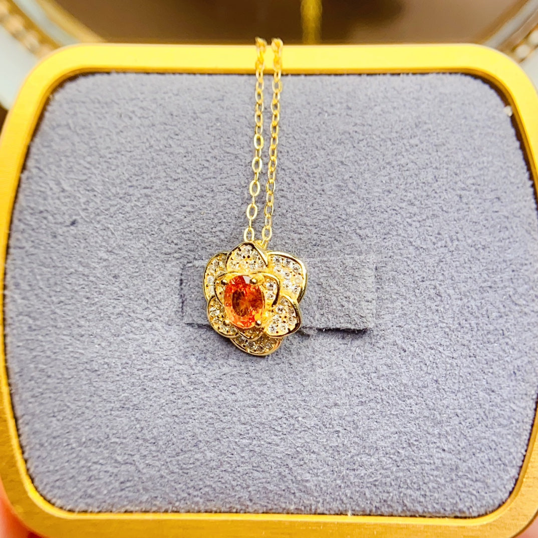 Natural Fanta Garnet Pendant Necklace, Gold Flower Design, 925 Silver Setting, Simple & Elegant, Beautiful Color, 4x5mm Gem