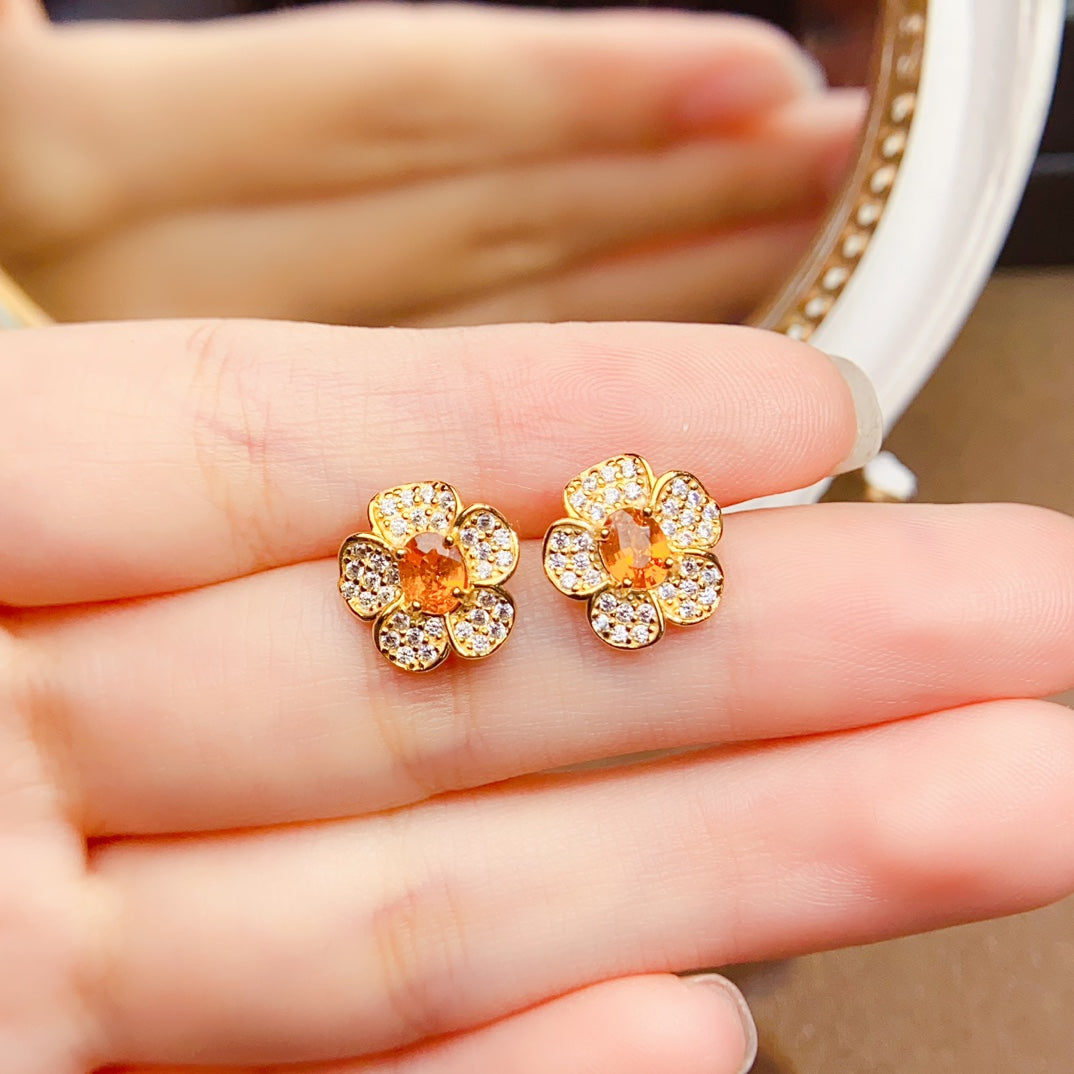 Natural Fanta Garnet Earrings, Small Flower Design with Gold Trim, 925 Silver Setting, Simple & Elegant, Beautiful Color, 4x5mm Gems