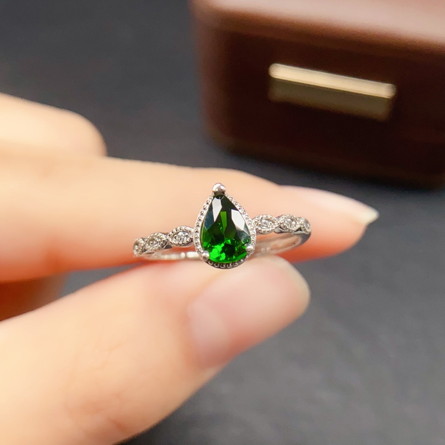 Natural Diopside Adjustable Ring, Teardrop Design, Vibrant Color & Brilliant Fire, 925 Silver Setting, 5x7mm Gem