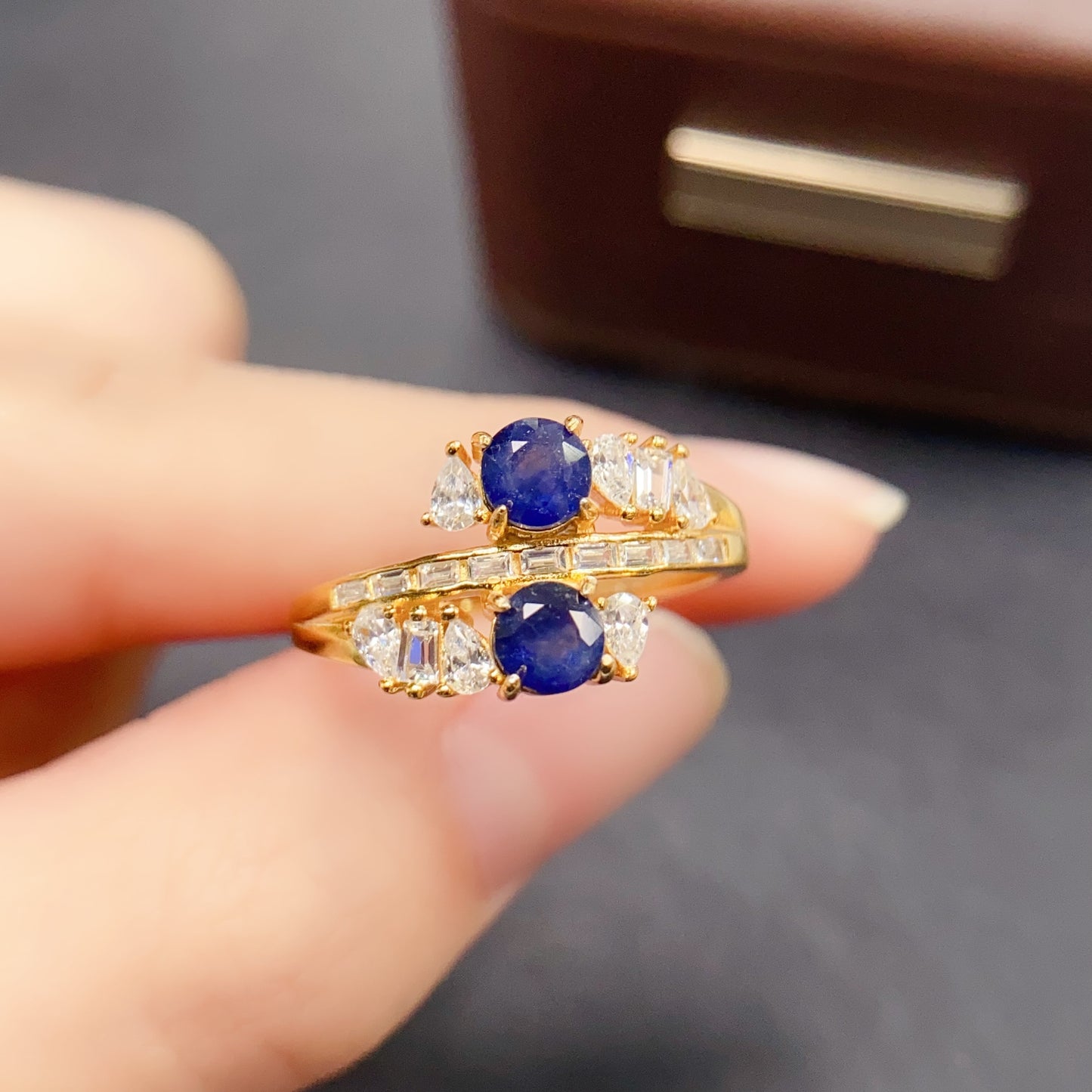 Natural Sapphire Ring Adjustable Light Luxury Two Stones👑Fashion Gold Silver Base🔥High Quality 925 Silver Fine Jewelry Gift