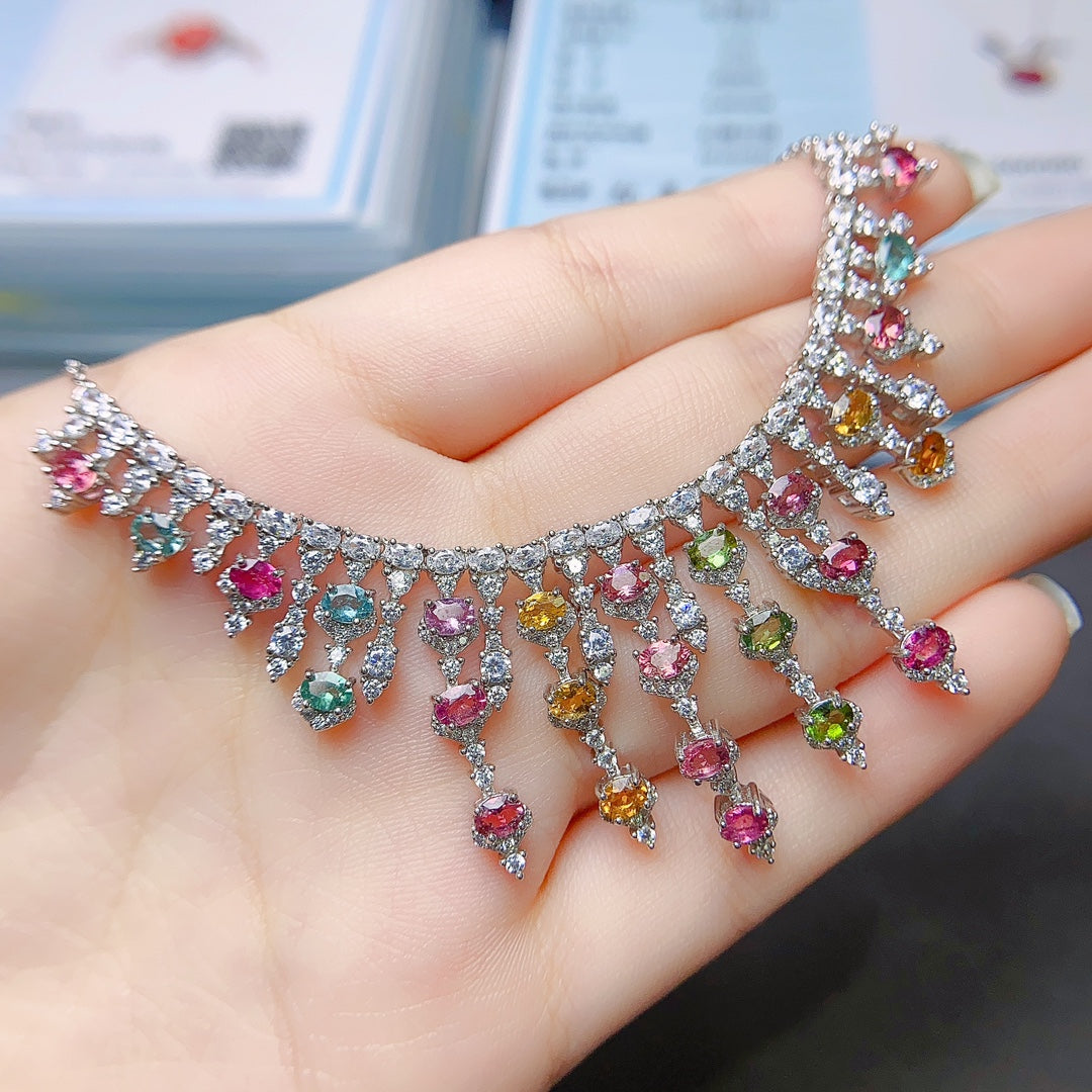 Natural Tourmaline Necklace Luxury Multicolor Sparkle🍀Crystal Clear S925 Silver Stacking Jewelry Gift