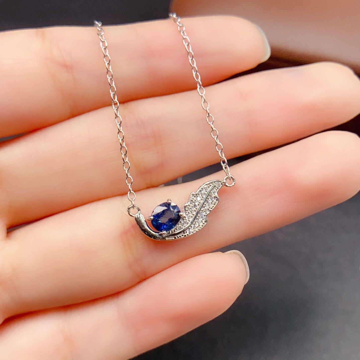 Natural Sapphire Necklace Feather Design👑4*5mm Royal Blue Sparkle S925 Silver Freedom Wings Lucky Gift