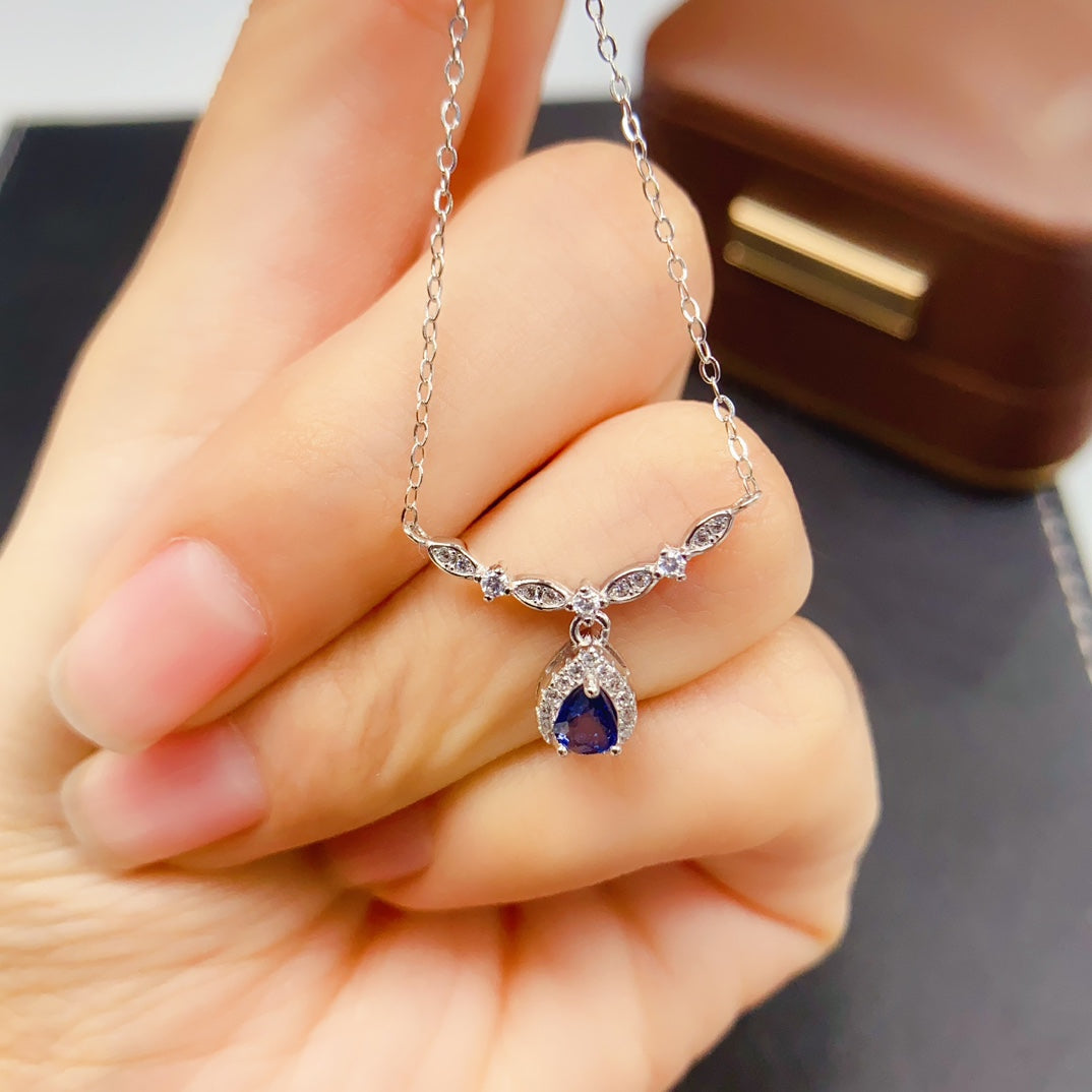 Natural Sapphire Necklace Feather Design👑4*5mm Royal Blue Sparkle S925 Silver Freedom Wings Lucky Gift