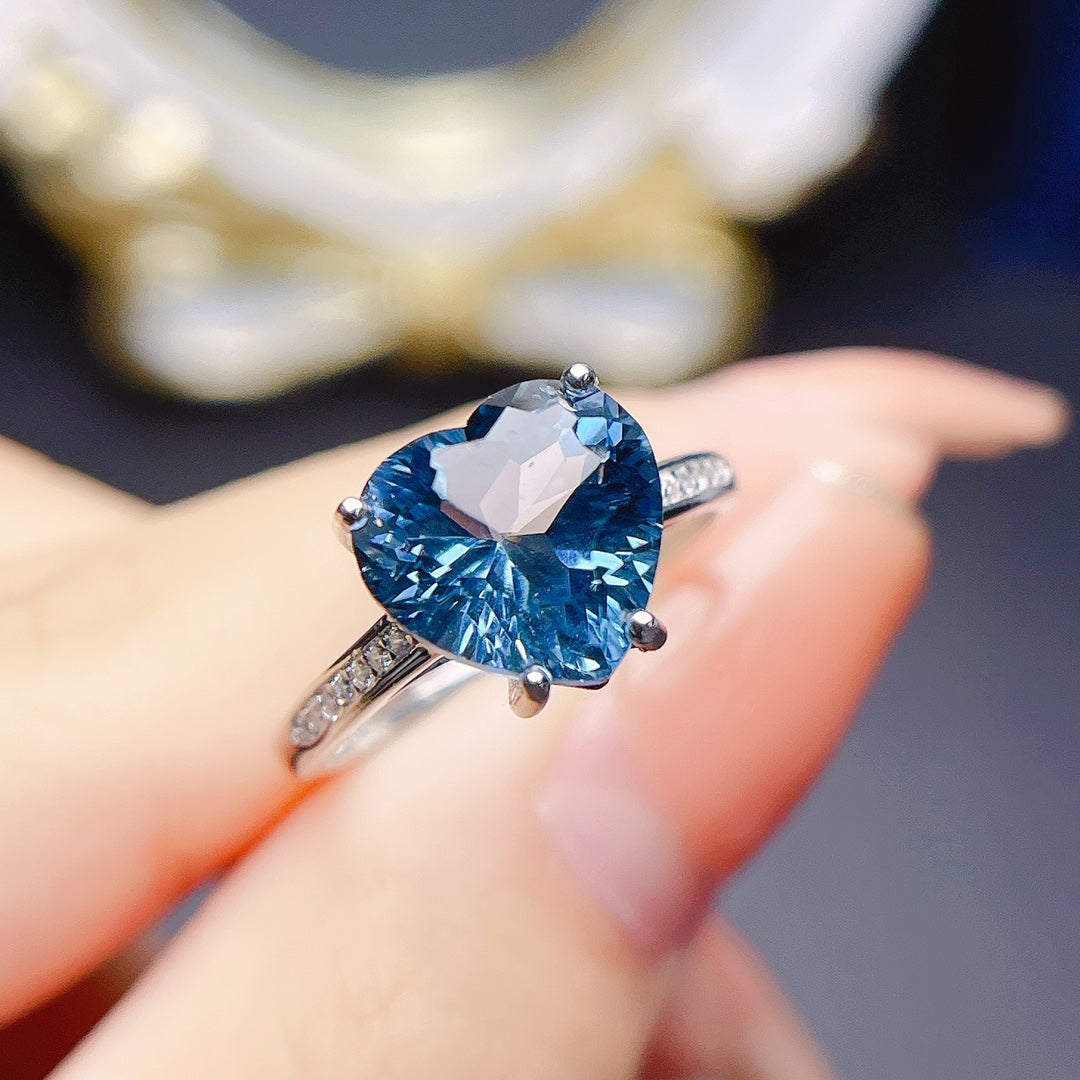 Natural Topaz Adjustable Ring London Blue Deep Rich Color 10*10mm Gem Full Clean Stone Intense Fire 925 Silver Gold-plated Setting Light Luxury Minimalist Ins Style Gift 💍