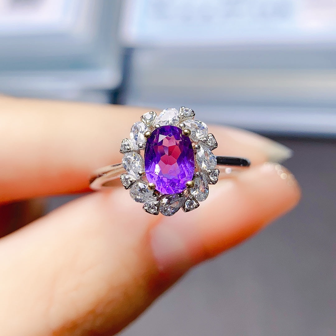 Natural Amethyst Adjustable Ring 5*7mm Big Gem Rich Purple Full Clean Intense Fire S925 Silver Setting Simple Fashion Light Luxury Minimalist Ins Style Gift 💍